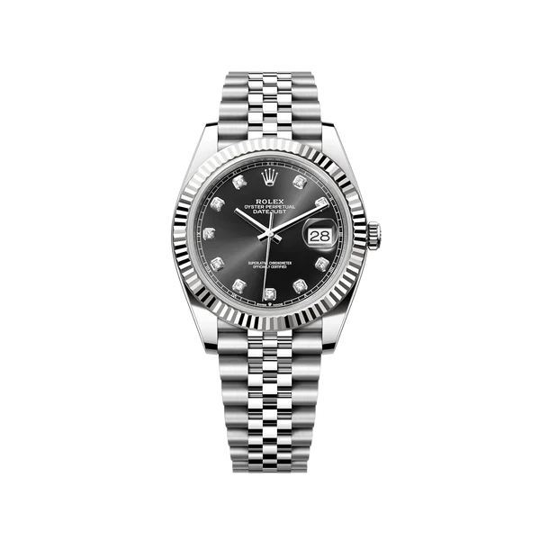 Rolex Steel and White Gold Rolesor Datejust 41 Watch - Fluted Bezel - Black Diamond Dial - Jubilee Bracelet - 126334