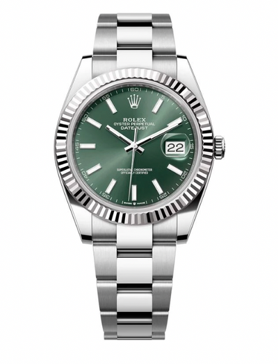 Rolex Steel and White Gold Rolesor Datejust 41 Watch - Fluted Bezel - Green Index Dial - Oyster Bracelet - 126334 (Copy)
