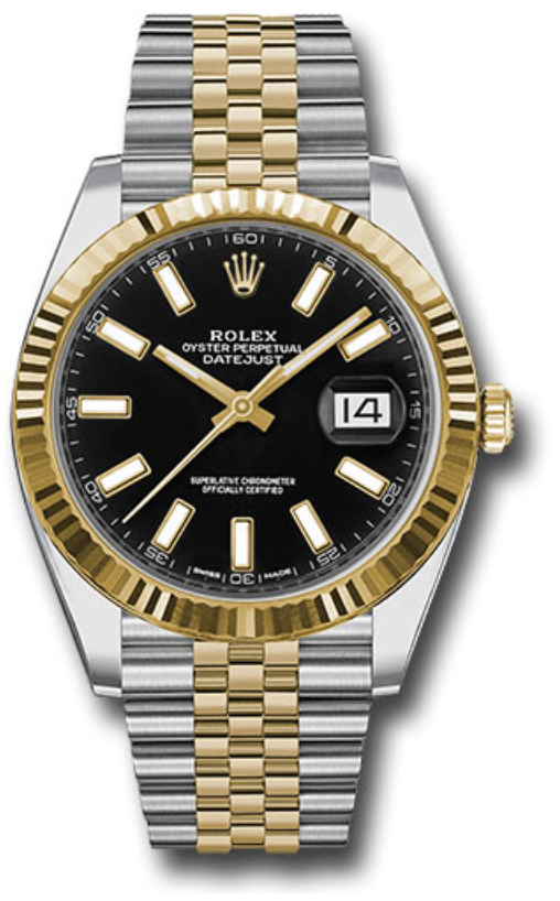 Rolex Yellow Rolesor Datejust 41 Watch - Fluted Bezel - Black Index Dial - Jubilee Bracelet - 126333
