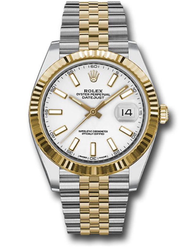 Rolex Yellow Rolesor Datejust 41 Watch - Fluted Bezel - White Index Dial - Jubilee Bracelet - 126333