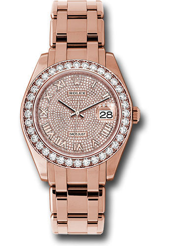 Rolex Everose Gold Datejust Pearlmaster 39mm 36 Diamond Bezel Diamond Paved Roman Dial 86285