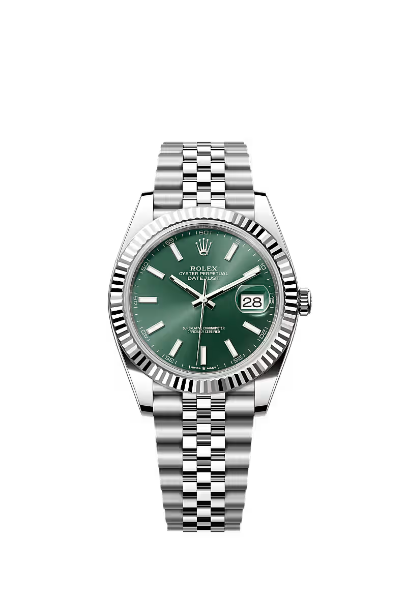 Rolex Steel and White Gold Rolesor Datejust 41 Watch - Fluted Bezel - Green Index Dial - Jubilee Bracelet - 126334