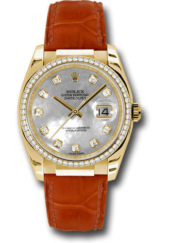 Rolex Yellow Gold Datejust 36 Watch - 60 Diamond Bezel - Mother-Of-Pearl Diamond Dial - Leather - 116188 md
