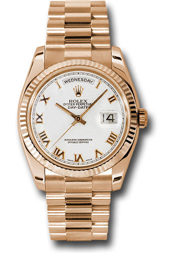 Rolex Pink Gold Day Date 36 Watch Fluted Bezel White Roman