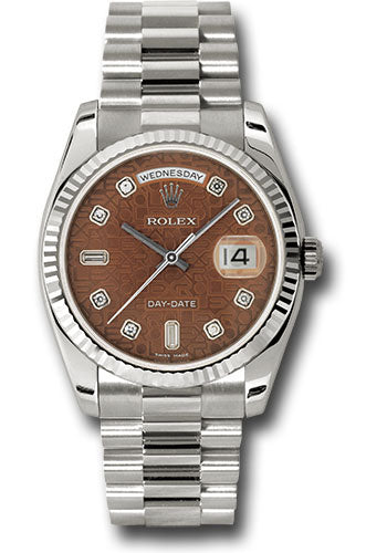 Rolex White Gold Day Date 36 Watch Fluted Bezel Havana Brown