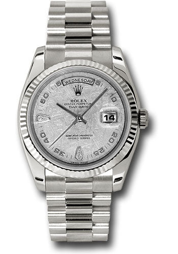 Rolex White Gold Day-Date 36 Watch Fluted Bezel Meteorite