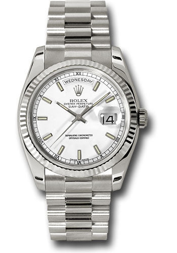Rolex White Gold Day-Date 36 Watch Fluted Bezel White Index