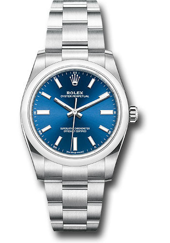Rolex Oyster Perpetual 34 Watch - Domed Bezel - Blue Index Dial - Oyster Bracelet - 124200 bluio
