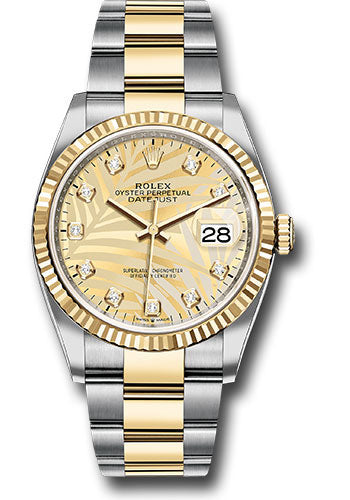 Rolex Yellow Rolesor Datejust 36 Watch - Fluted Bezel - Golden Palm Motif Diamond Dial - Oyster Bracelet - 126233 gpmdo
