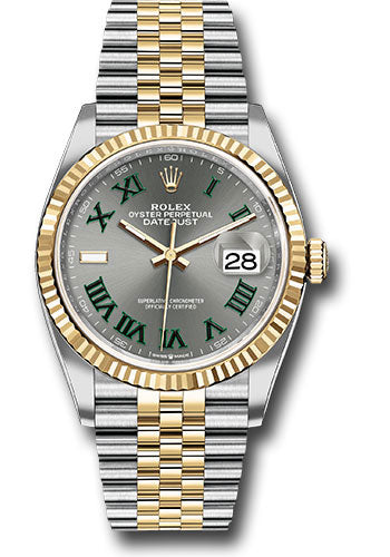 Rolex Yellow Rolesor Datejust 36 Watch - Fluted Bezel - Slate Roman Dial - Jubilee Bracelet - 126233 slgrj