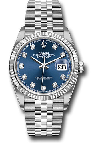 Rolex Steel Datejust 36 Watch Fluted Bezel Blue Diamond Dial