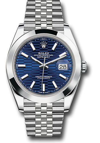 Rolex Oystersteel Datejust 41 Watch - Smooth Bezel - Bright Blue Fluted Motif Index Dial - Jubilee Bracelet - 126300 blflmij