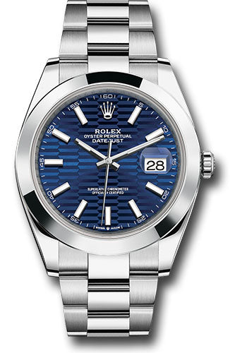 Rolex Oystersteel Datejust 41 Watch - Smooth Bezel - Bright Blue Fluted Motif Index Dial - Oyster Bracelet - 126300 blflmio