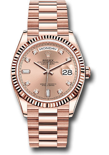 Rolex Everose Gold Day-Date 36 Watch - Fluted Bezel - RosŽ Diamond Dial - President Bracelet - 128235 rodp