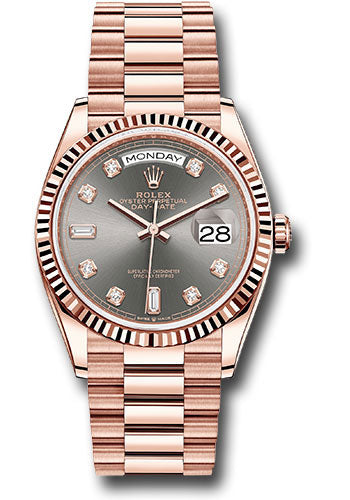Rolex Everose Gold Day-Date 36 Watch - Fluted Bezel - Slate Diamond Dial - President Bracelet - 128235 sldp