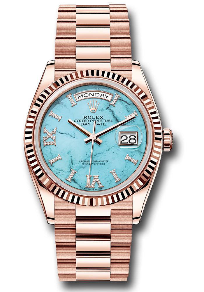 Rolex Everose Gold Day Date 36 Watch Fluted Bezel Turquoise