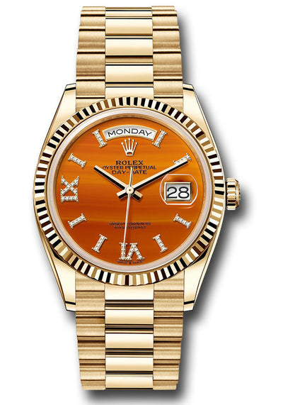Rolex Yellow Gold Day-Date 36 Watch - Fluted Bezel - Carnelian Diamond Index Roman 9 Dial - President Bracelet - 128238 cardidrp