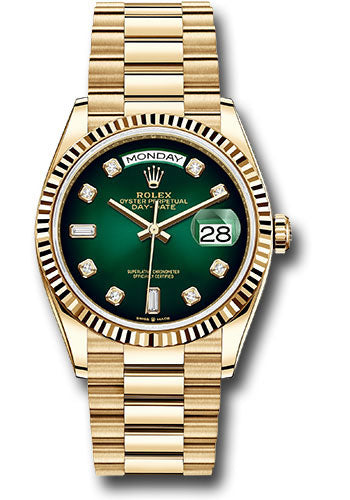 Rolex Yellow Gold Day-Date 36 Watch - Fluted Bezel - Green Ombre« Diamond Dial - President Bracelet - 128238 godp
