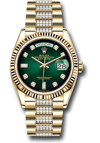 Rolex Yellow Gold Day-Date 36 Watch - Fluted Bezel - Green OmbrŽ Diamond Dial - Diamond President Bracelet - 128238 groddp