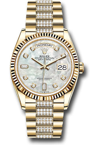 Rolex Yellow Gold Day-Date 36 Watch - Fluted Bezel - White Mother-Of-Pearl Diamond Dial - Diamond President Bracelet - 128238 mddp