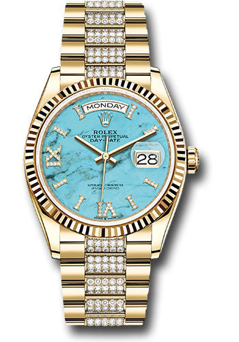 Rolex Yellow Gold Day-Date 36 Watch - Fluted Bezel - Turquoise Diamond Index Roman 9 Dial - Diamond President Bracelet - 128238 tdidrdp