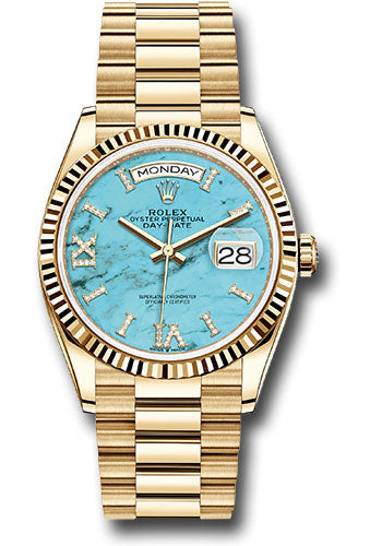 Rolex Yellow Gold Day-Date 36 Watch - Fluted Bezel - Turquoise Diamond Dial - President Bracelet - 128238 tdidrp
