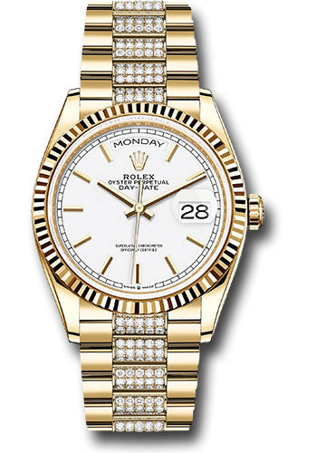 Rolex Yellow Gold Day-Date 36 Watch - Fluted Bezel - White Index Dial - Diamond President Bracelet - 128238 widp