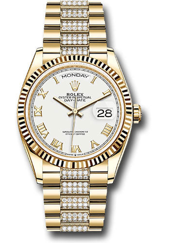 Rolex Yellow Gold Day-Date 36 Watch - Fluted Bezel - White Roman Dial - Diamond President Bracelet - 128238 wrdp