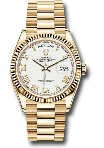 Rolex Yellow Gold Day-Date 36 Watch - Fluted Bezel - White Roman Dial - President Bracelet - 128238 wrp