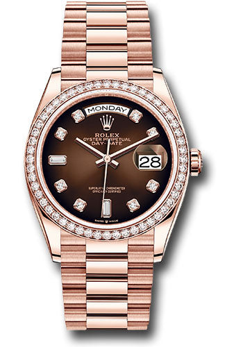 Rolex Everose Gold Day-Date 36 Watch - Diamond Bezel - Brown Ombre« Diamond Dial - President Bracelet - 128345RBR brodp