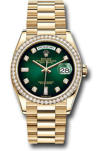 Rolex Yellow Gold Day-Date 36 Watch - Diamond Bezel - Green Ombre« Diamond Dial - President Bracelet - 128348RBR godp