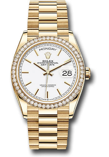 Rolex Yellow Gold Day-Date 36 Watch - Diamond Bezel - White Roman Dial - President Bracelet - 128348rbr wrp