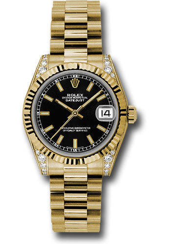 Rolex Yellow Gold Datejust 31 Watch Fluted Bezel Black Index