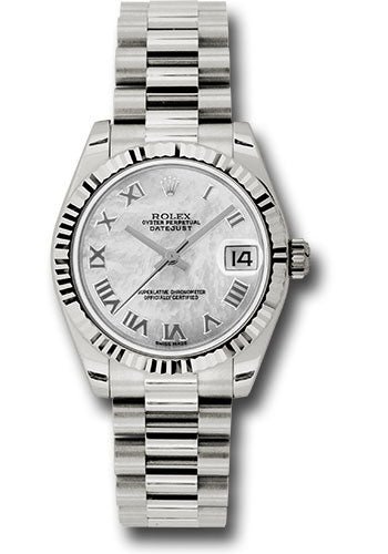 Rolex White Gold Datejust 31 Watch Fluted Bezel Mother Of