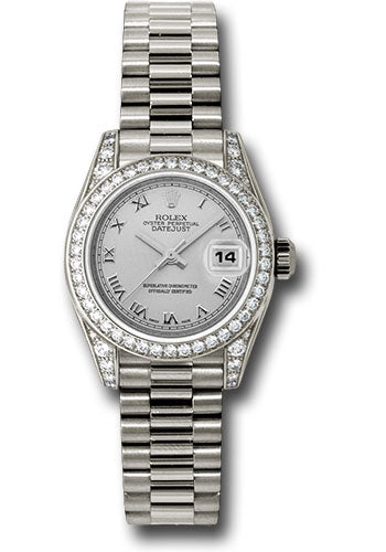 Rolex White Gold Lady Datejust 26 Watch 42 Diamond Bezel Silver Roman Dial President Bracelet 179159 srp