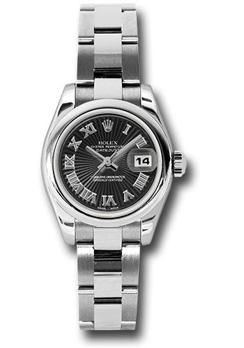 Rolex Steel Lady-Datejust 26 Watch - Domed Bezel - Black Sunbeam Roman Dial - Oyster Bracelet - 179160 bksbro