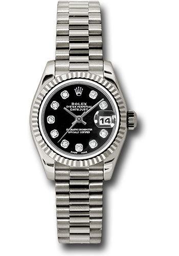 Rolex White Gold Lady Datejust 26 Watch Fluted Bezel Black