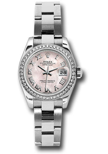 Rolex Steel and White Gold Lady Datejust 26 Watch - 46 Diamond Bezel - Pink Mother-Of-Pearl Roman Dial - Oyster Bracelet - 179384 pmro