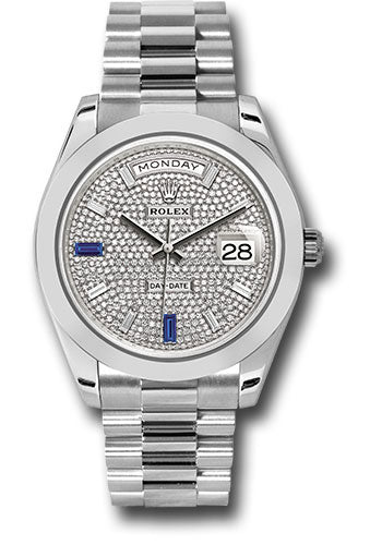 Rolex Platinum Day-Date 40 Watch - Smooth Bezel - Diamond And Sapphire Paved Diamond Dial - President Bracelet - 228206 dp7d2sp