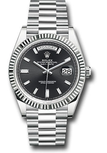 Rolex Platinum Day-Date 40 Watch - Fluted Bezel - Bright Black Dial - President Bracelet - 228236 bkbdp