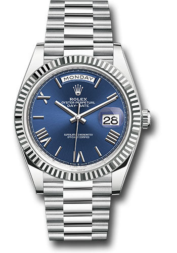 Rolex Platinum Day-Date 40 Watch - Fluted Bezel - Bright Blue Roman Dial - President Bracelet - 228236 blrp