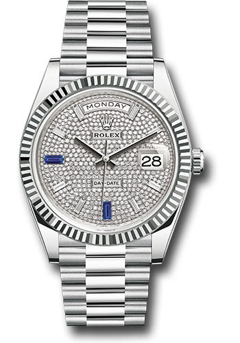 Rolex Platinum Day-Date 40 Watch - Fluted Bezel - Diamond And Sapphire Paved Diamond Dial - President Bracelet - 228236 dp8d2sp