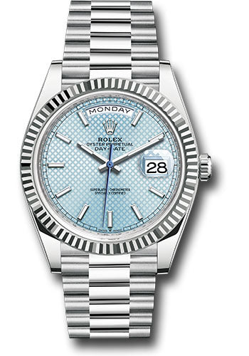 Rolex Platinum Day Date 40 Watch Fluted Bezel Ice Blue Diagonal Motif Index Dial President Bracelet 228236 ibdmip