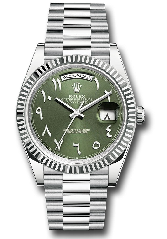 Rolex Platinum Day-Date 40 Watch Fluted Bezel Olive Green