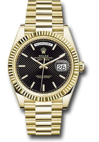 Rolex Yellow Gold Day-Date 40 Watch - Fluted Bezel - Black Diagonal Motif Index Dial - President Bracelet - 228238 bkdmip