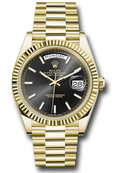 Rolex Yellow Gold Day-Date 40 Watch - Fluted Bezel - Black Index Dial - President Bracelet - 228238 bkip