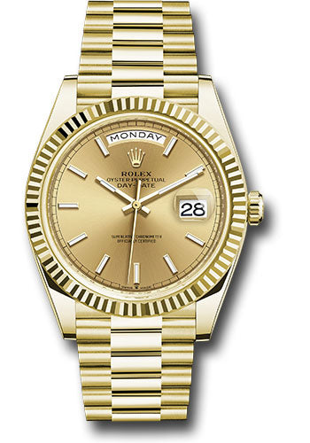 Rolex Yellow Gold Day-Date 40 Watch - Fluted Bezel - Champagne Index Dial - President Bracelet - 228238 chip