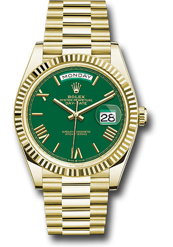 Rolex Yellow Gold Day-Date 40 Watch - Fluted Bezel - Green Roman Dial - President Bracelet - 228238 grrp