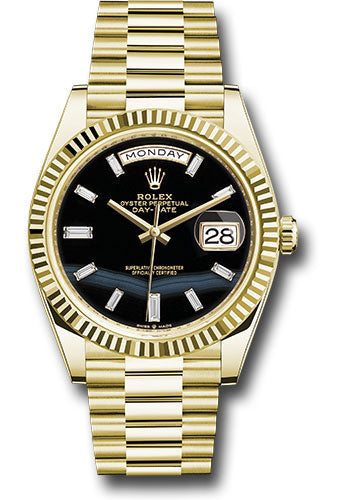 Rolex Yellow Gold Day-Date 40 Watch - Fluted Bezel - Onyx Dial - President Bracelet - 228238 onbdp