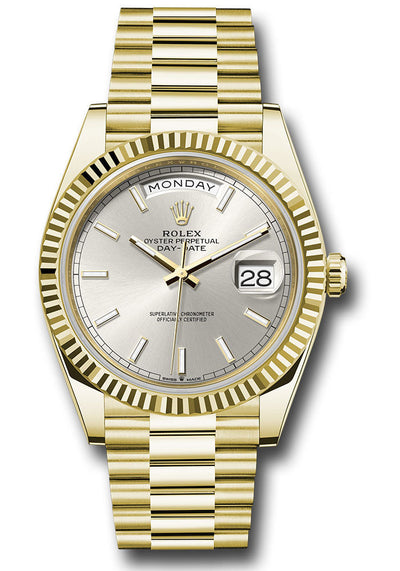 Rolex Yellow Gold Day-Date 40 Watch - Fluted Bezel - Silver Index Dial - President Bracelet - 228238 sip